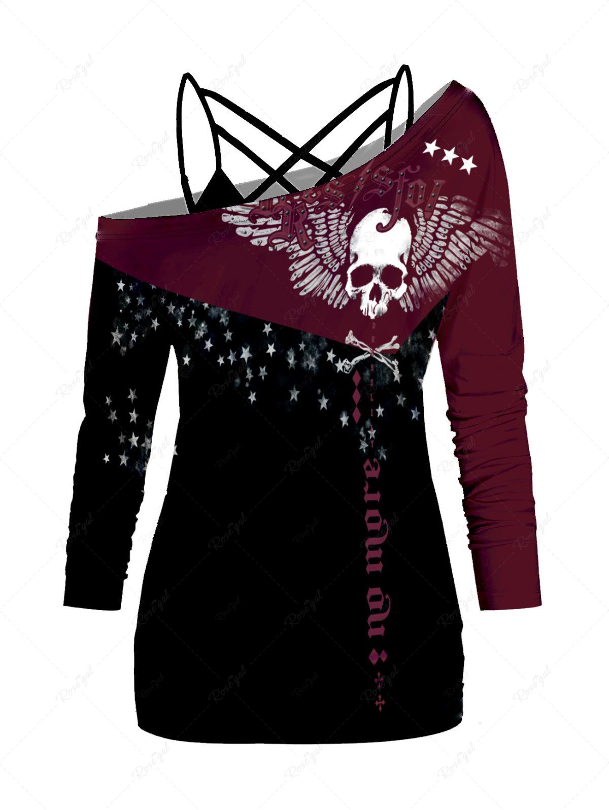 Outfit Halloween Skull Star Letter Colorblock Print Skew Collar T-shirt And Spaghetti Strap Camisole Set  