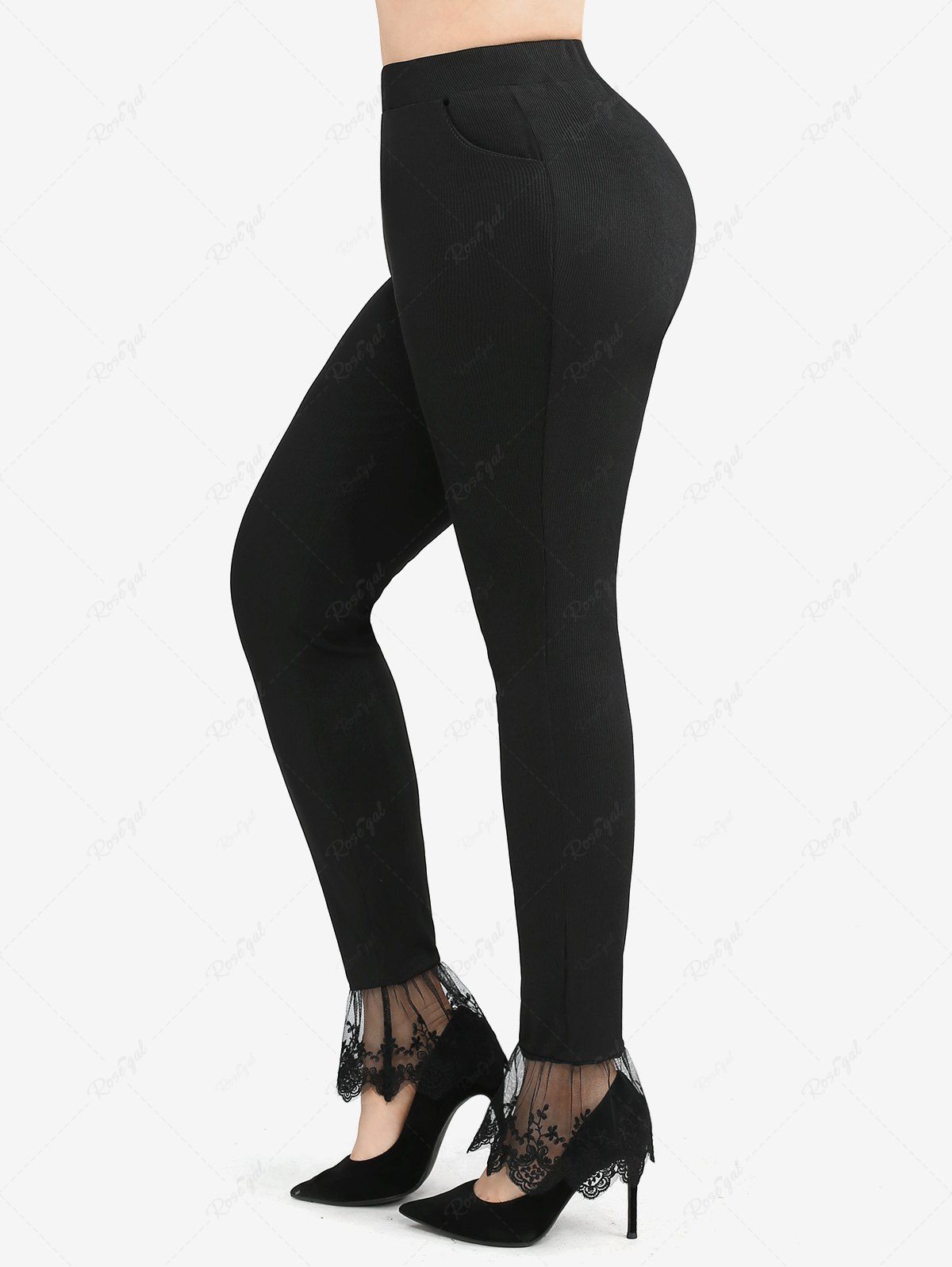 Outfits Plus Size Floral Lace Mesh Panel Pockets Ribbed Textured Solid Skinny Patchwork Leggings  