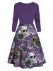 Skull Flower Print Crossover Long Sleeve Midi Dress -  