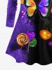 T-shirt D'Halloween 3D Citrouille Papillon et Toile D'Araignée Imprimés en Blocs de Couleurs de Grande Taille - Pourpre  6X