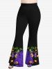 Pantalon Evasé D'Halloween 3D Citrouille Papillon et Bonbons Imprimés en Blocs de Couleurs de Grande Taille - Noir XS