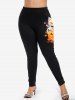 Legging D'Halloween Chat Lune et Citrouille Imprimés Grande Taille à Paillettes - Noir 5X