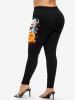 Legging D'Halloween Chat Lune et Citrouille Imprimés Grande Taille à Paillettes - Noir 5X