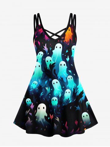 Plus Size Colorful Ghost Waterweed Print Halloween Ombre Crisscross Cami Dress - BLUE - 4X