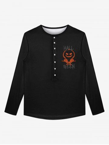 Gothic Halloween Pumpkin Skeleton Claw Print Buttons T-shirt For Men - BLACK - XS