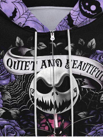 Gothic Halloween Pumpkin Skull Rose Spider Web Print Zipper Hoodie For Men