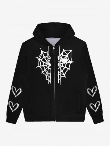 Gothic Halloween Spider Web Heart Print Zipper Hoodie For Men - BLACK - 3XL