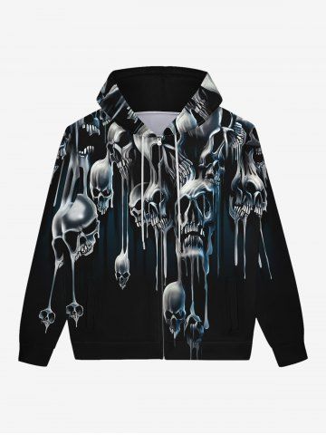 Gothic Halloween Skull Melt Drips Print Zipper Hoodie For Men - BLACK - 3XL
