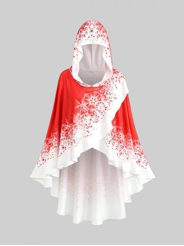 Plus Size Colorblock Snowflake Print Tulip Hem Hooded Cape - RED - ONE SIZE