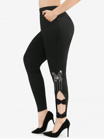 Plus Size Rhinestones Glitter Butterfly Bowknot Lace Leggings