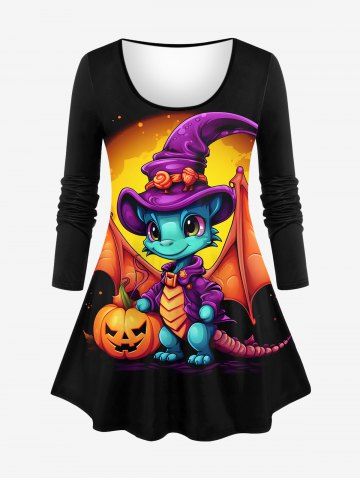 Plus Size Cartoon Cute Dinosaur Pumpkin Print Halloween Long Sleeves T-shirt - BLACK - 2X