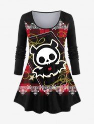 Plus Size Skull Bat Heart Plaid Print Halloween Long Sleeves T-shirt -  