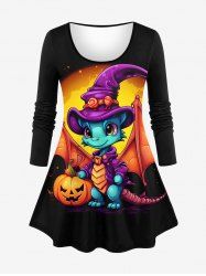 Plus Size Cartoon Cute Dinosaur Pumpkin Print Halloween Long Sleeves T-shirt -  