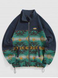 Men's Ethnic Aztec Printed Slant Pocket Zip Fly Stand Collar Fuzzy Polar Fleece Jacket -  