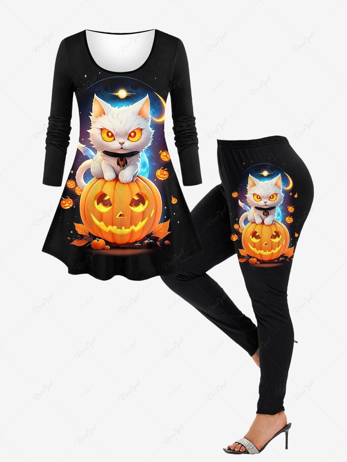 T-shirt D'Halloween Chat Citrouille et Galaxie Imprimés Grande Taille à Paillettes Noir 