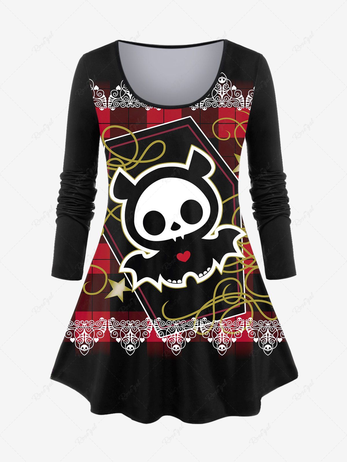 Online Plus Size Skull Bat Heart Plaid Print Halloween Long Sleeves T-shirt  