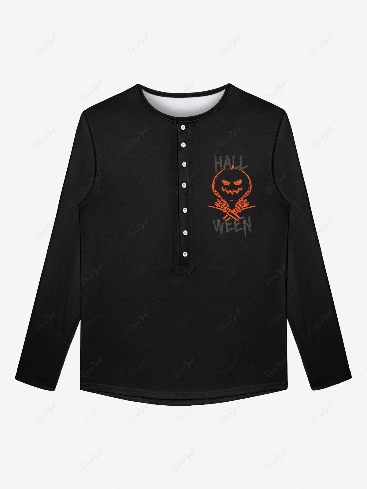 Gothic Halloween Pumpkin Skeleton Claw Print Buttons T-shirt For Men Noir 5XL