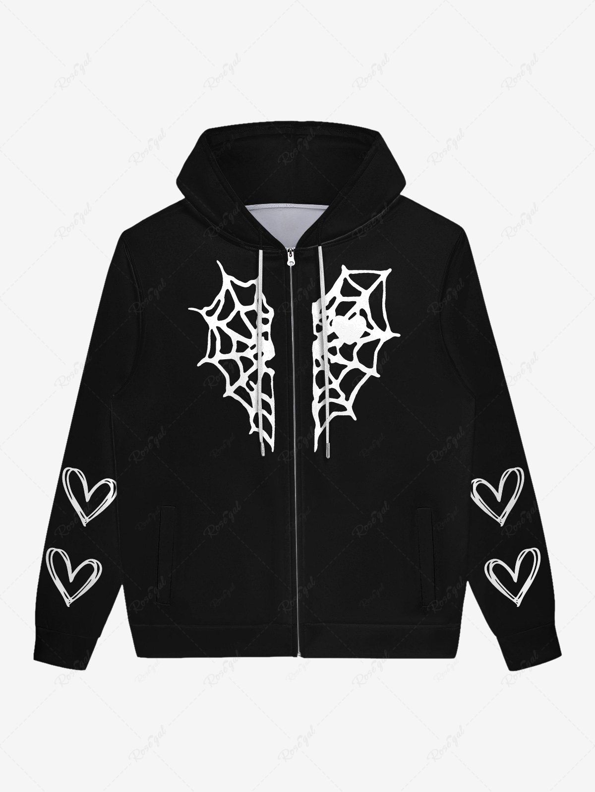 Affordable Gothic Halloween Spider Web Heart Print Zipper Hoodie For Men  