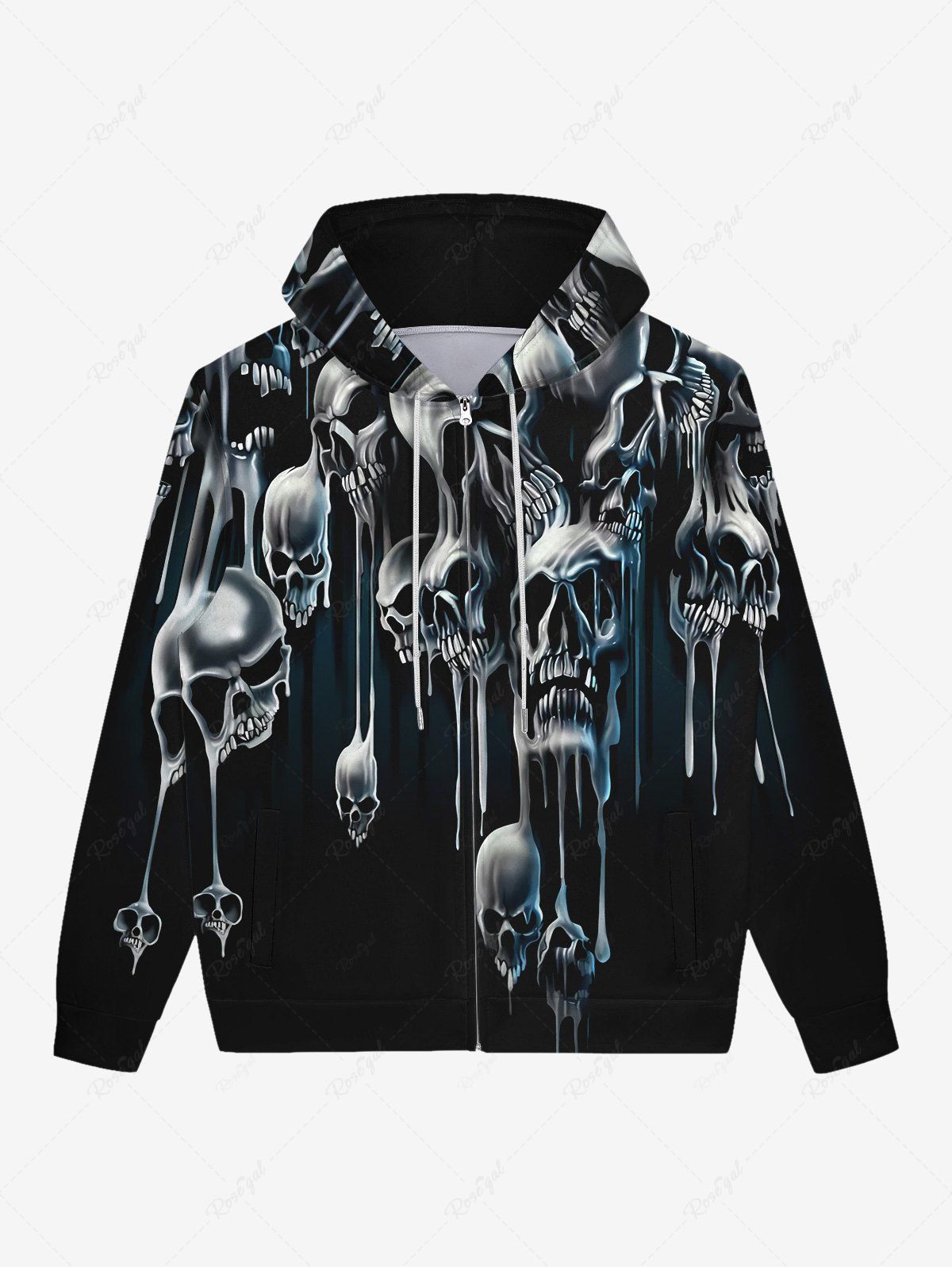 Trendy Gothic Halloween Skull Melt Drips Print Zipper Hoodie For Men  