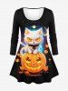 T-shirt D'Halloween Chat Citrouille et Galaxie Imprimés Grande Taille à Paillettes - Noir 