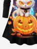 T-shirt D'Halloween Chat Citrouille et Galaxie Imprimés Grande Taille à Paillettes - Noir 