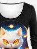 T-shirt D'Halloween Chat Citrouille et Galaxie Imprimés Grande Taille à Paillettes - Noir 