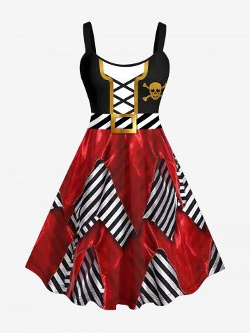 Plus Size Halloween Skull Buckle Braided 3D Print Tank Dress - DEEP RED - 5X