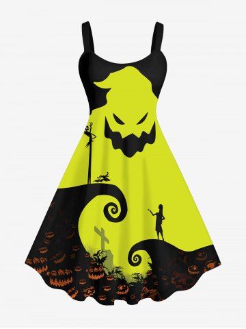 Plus Size Halloween Colorblock Pumpkin Devil Face Girl Cross Print Tank Dress - BLACK - 1X