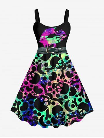 Plus Size Halloween Skull Heart Lip Glitter Print Tank Dress - MULTI-A - XS