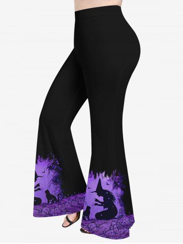 Plus Size Wizard Cat Bat Tree Print Halloween Flare Pants - PURPLE - S