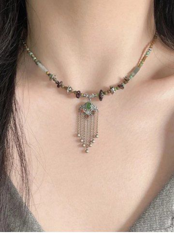 Ethnic Chain Tassel Lock Beaded Necklace - LIGHT GREEN