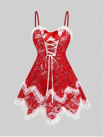 Plus Size Bowknot Lace-up Asymmetrical Floral Lace T-back Lingerie Babydoll Set - RED - M | US 10