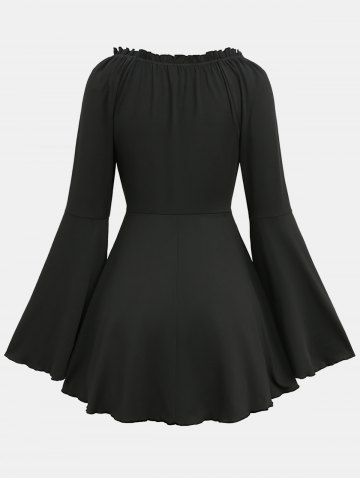 Gothic Plus Size Floral Figure Print Lace Up Ruched Ruffles Bell Sleeves Tops