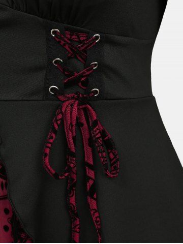 Gothic Plus Size Floral Figure Print Lace Up Ruched Ruffles Bell Sleeves Tops