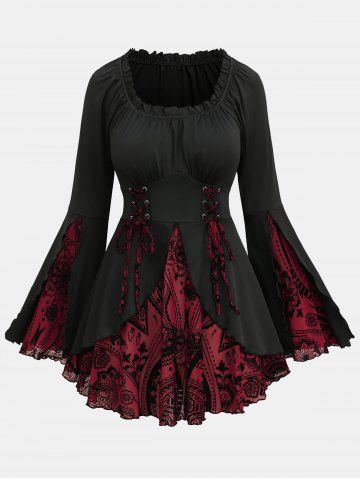 Gothic Plus Size Floral Figure Print Lace Up Ruched Ruffles Bell Sleeves Tops - DEEP RED - 5X | US 30-32