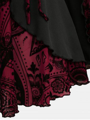 Gothic Plus Size Floral Figure Print Lace Up Ruched Ruffles Bell Sleeves Tops