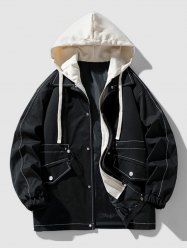 Men's Colorblock Faux Two-pieces Drawstring Pockets Design Zip Fly Hooded Jacket -  
