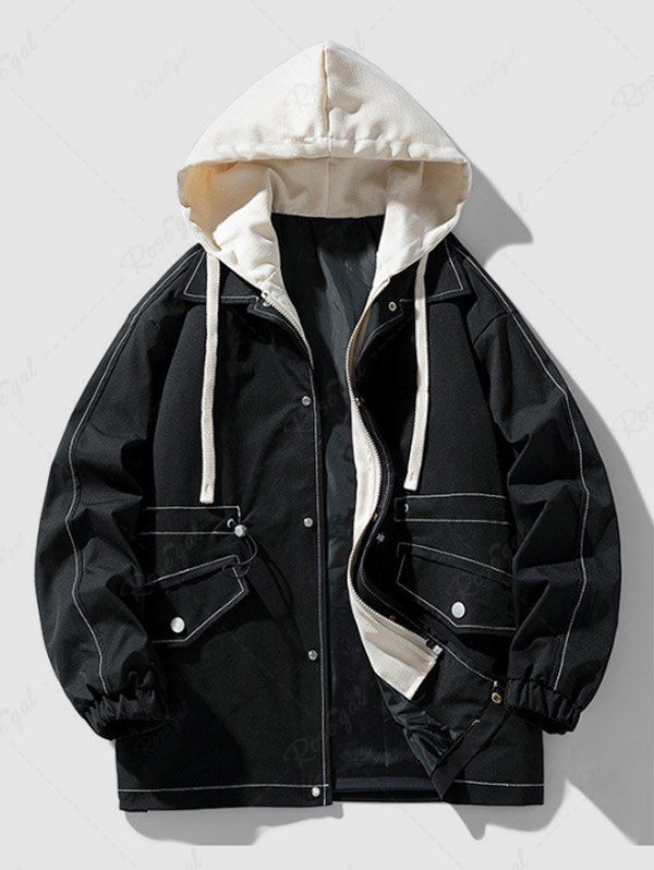 Shops Men's Colorblock Faux Two-pieces Drawstring Pockets Design Zip Fly Hooded Jacket  