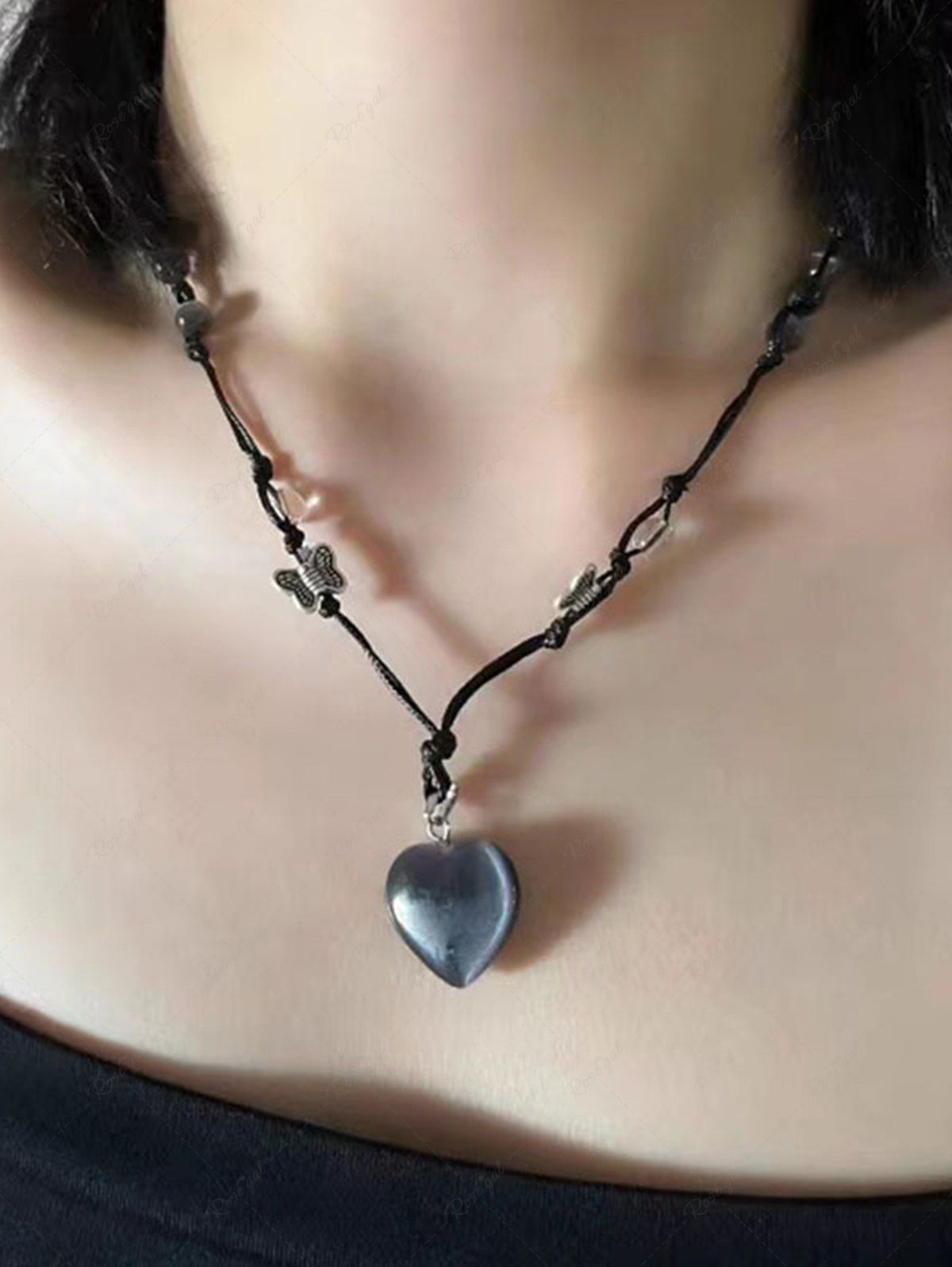 Fashion Black Butterfly Heart Pendant Necklace Noir 