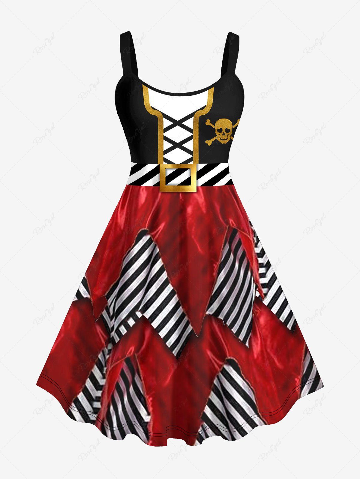 Robe D'Halloween Bouclée 3D Crâne Imprimée Tressée de Grande Taille Rouge foncé 6X