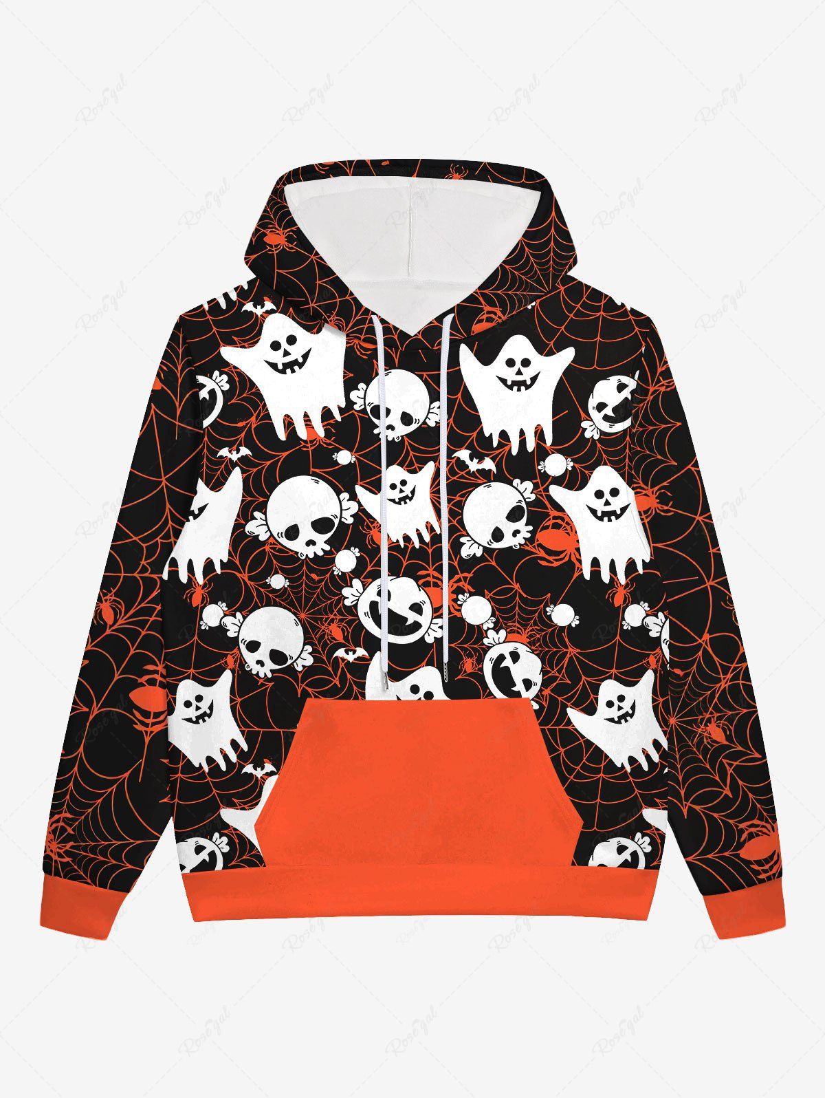 Unique Gothic Halloween Skull Ghost Candy Spider Web Print Drawstring Hoodie For Men  