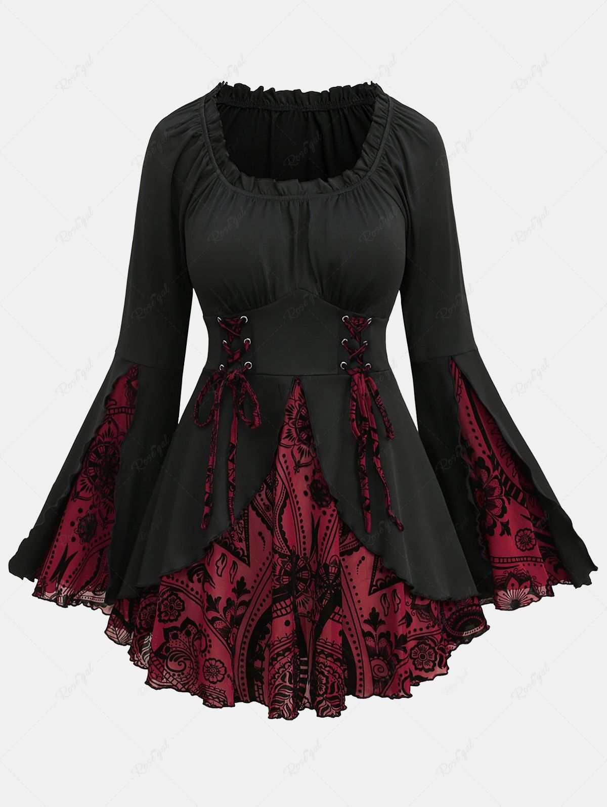 Shops Plus Size Floral Figure Print Lace Up Ruched Ruffles Bell Sleeves T-shirt  