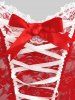 Plus Size Bowknot Lace-up Asymmetrical Floral Lace T-back Lingerie Babydoll Set - Rouge 4X | US 26-28