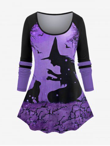 Plus Size Wizard Cat Bat Tree Print Striped Raglan Sleeves Halloween T-shirt - PURPLE - XS