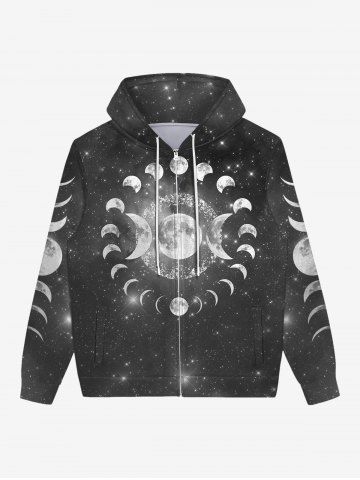 Gothic Galaxy Moon Glitter Print Zipper Drawstring Hoodie For Men - BLACK - XL