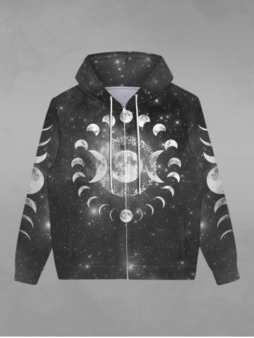Gothic Galaxy Moon Glitter Print Zipper Drawstring Hoodie For Men
