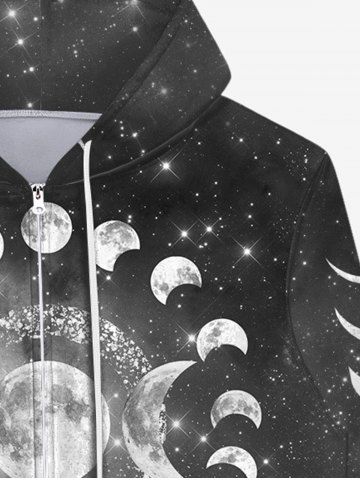 Gothic Galaxy Moon Glitter Print Zipper Drawstring Hoodie For Men
