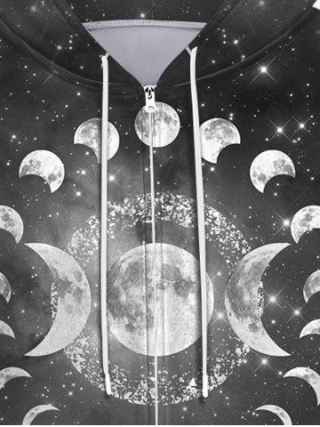 Gothic Galaxy Moon Glitter Print Zipper Drawstring Hoodie For Men