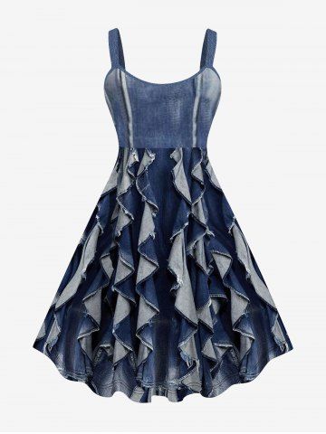 Plus Size Denim Rag Ruffles 3D Print Tank Dress - DEEP BLUE - S