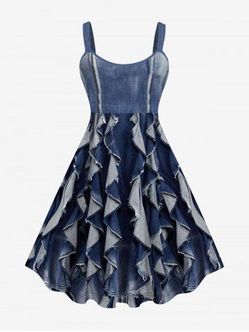 Plus Size Denim Rag Ruffles 3D Print Tank Dress - DEEP BLUE - 1X
